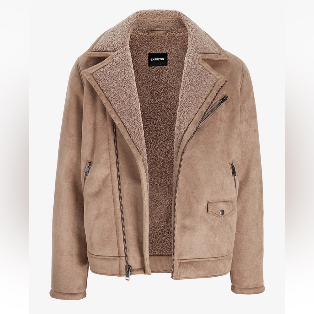 EXPRESS BIEGE‎ FAUX SUEDE SHEARLING MOTO JACKET SIZE LARGE MEN